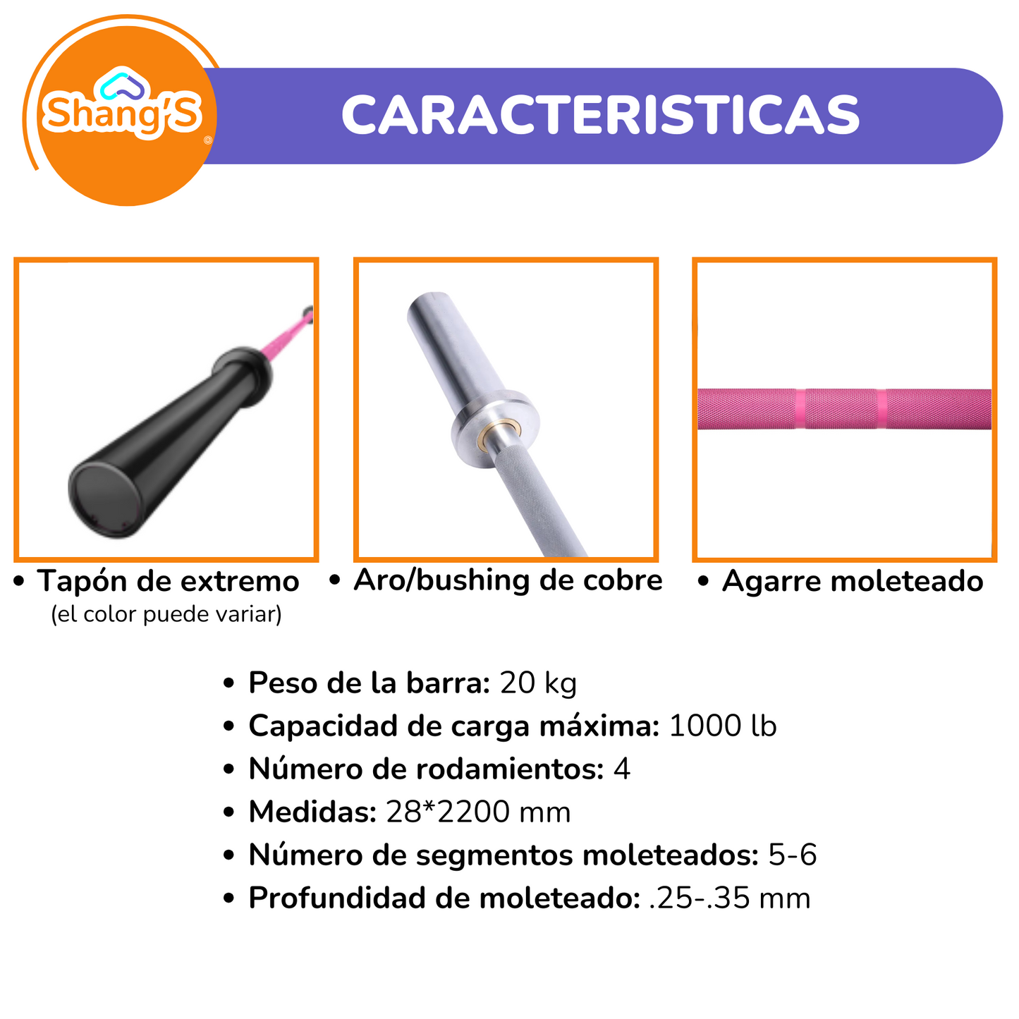 Barra Olímpica ROSA 2.20 m | 20 kg | 1000 lb - Para entrenamiento de Fuerza y Levantamiento Shang's