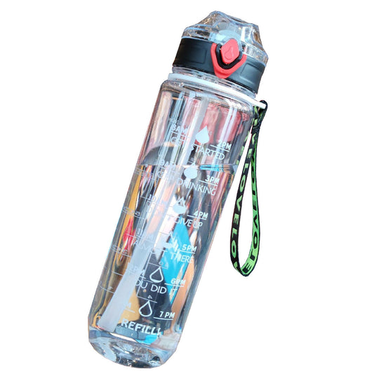 Botella de Agua Deportiva de 1 Litro Transparente con Popote y Marcador de Tiempo Motivacional Shang's | Tienda Deportivashangs.mx