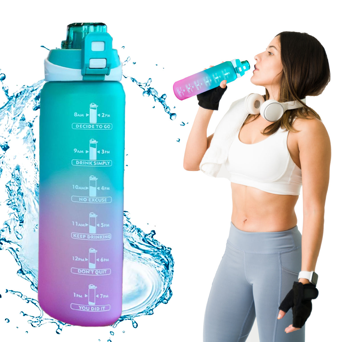 Botella de Agua Deportiva de 1 Litro con Popote y Marcador de Tiempo Motivacional Shang's | Tienda Deportivashangs.mx