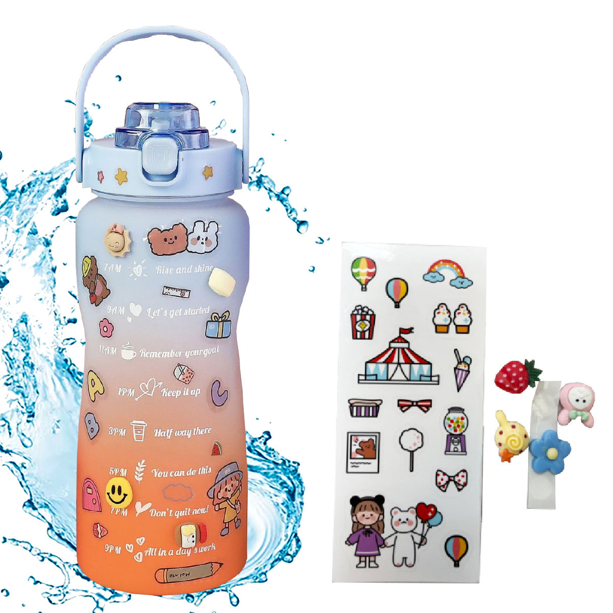 Botella de Agua Deportiva de 2 Litros con Popote y Pegatinas con Marcador  de Tiempo Motivacional-Shang's