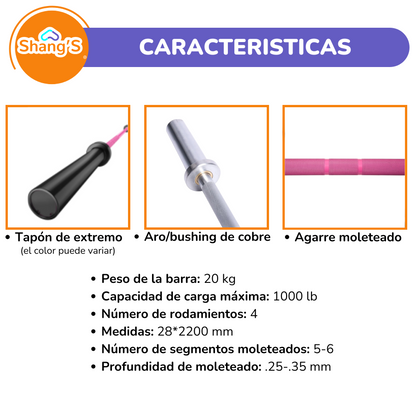 Barra Olímpica ROSA 2.20 m | 20 kg | 1000 lb - Para entrenamiento de Fuerza y Levantamiento Shang's