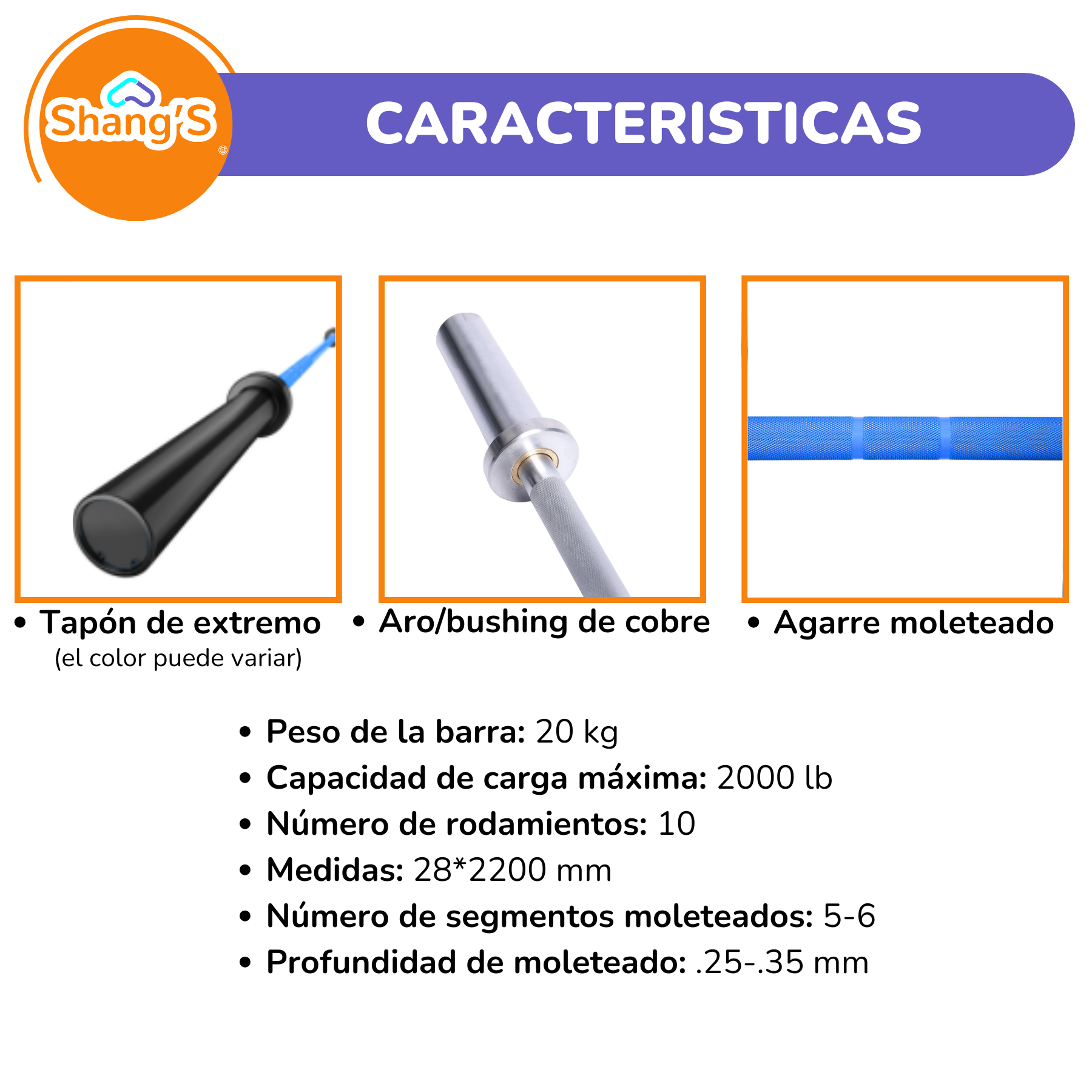 Barra Olímpica AZUL 2.20 m | 20 kg | 2000 lb - Para entrenamiento de Fuerza y Levantamiento Shang's