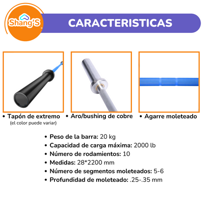 Barra Olímpica AZUL 2.20 m | 20 kg | 2000 lb - Para entrenamiento de Fuerza y Levantamiento Shang's