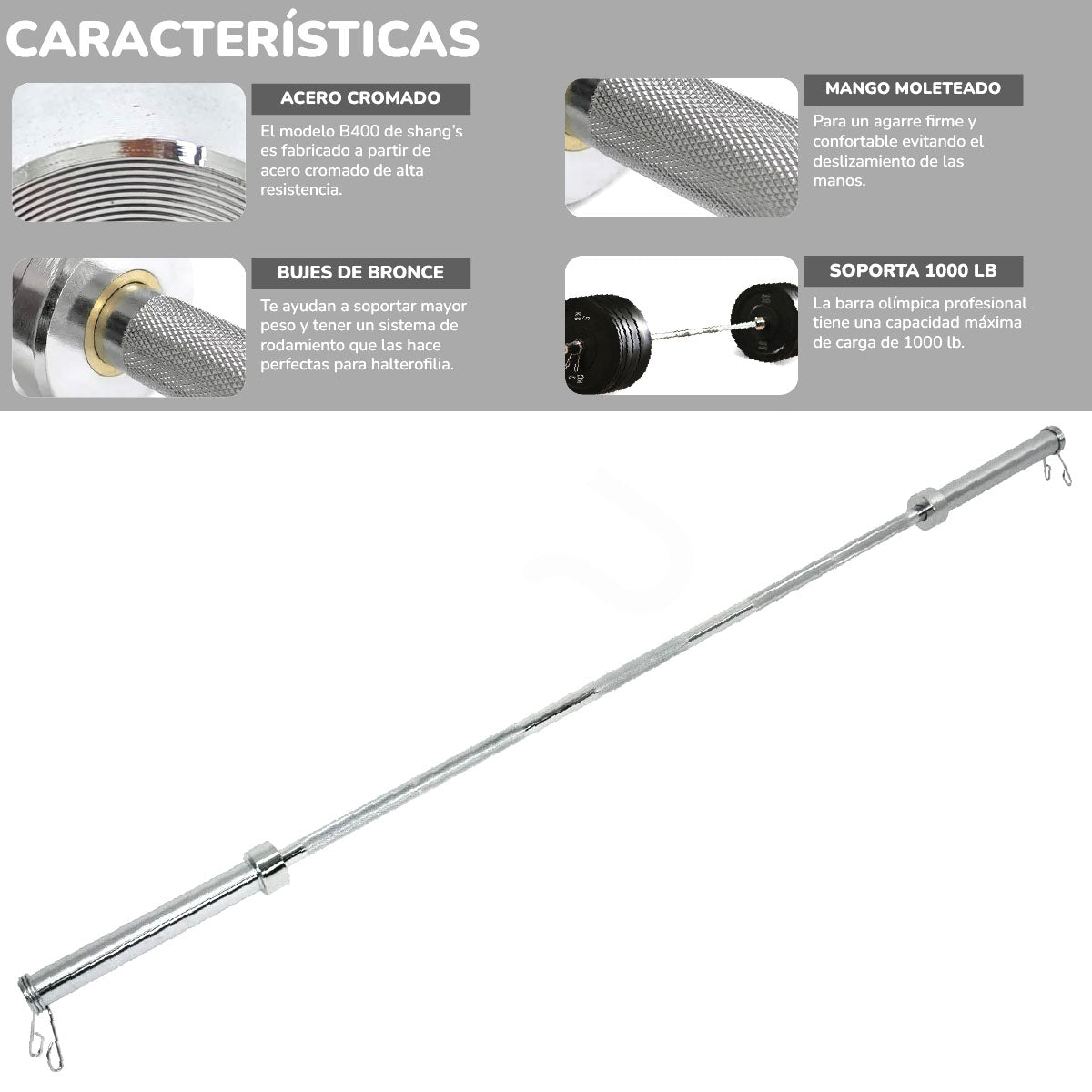 Barra Olimpica Cromada B400 Para Halterofilia Fitness-Shangs