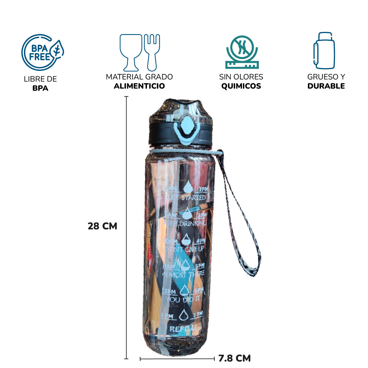 Botella De Agua Deportiva De 2.5 Litros Con Popote y Marcador De Tiempo  Motivacional Healthy Bottle-Shang's