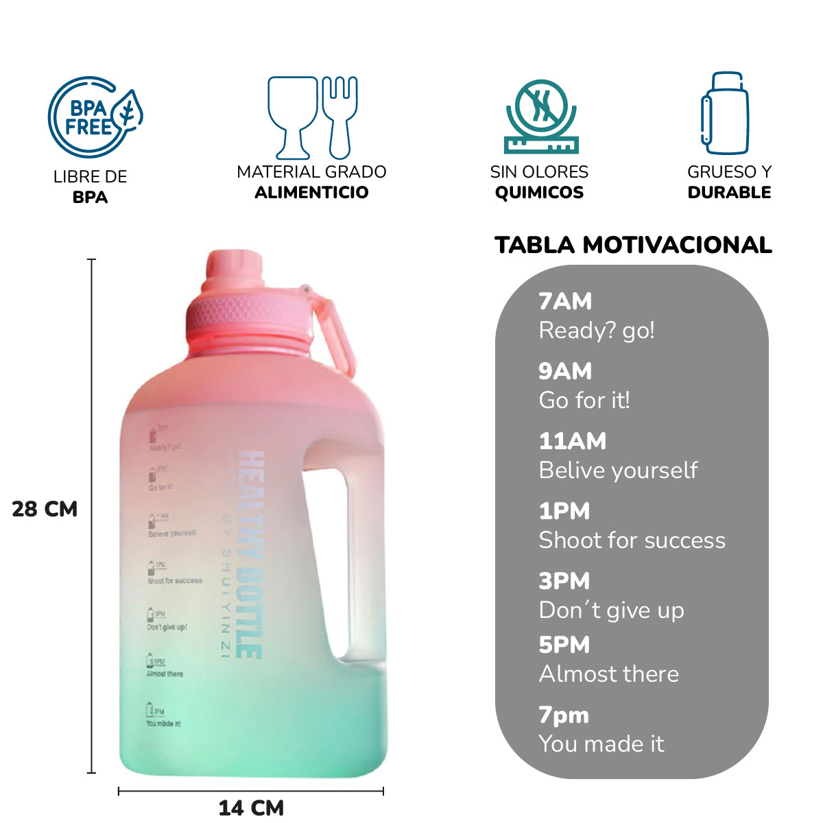 Botella de Agua Deportiva de 2.5 Litros con Popote y Marcador de Tiempo Motivacional Healthy Bottle Shang's | Tienda Deportivashangs.mx