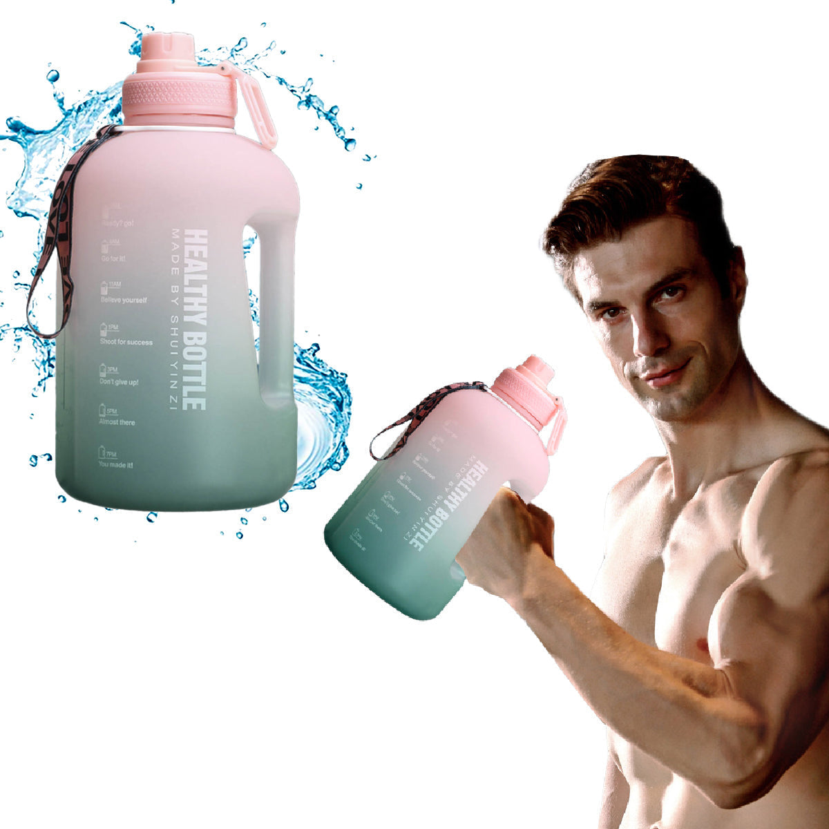 Botella de Agua Deportiva de 2.5 Litros con Popote y Marcador de Tiempo Motivacional Healthy Bottle Shang's | Tienda Deportivashangs.mx